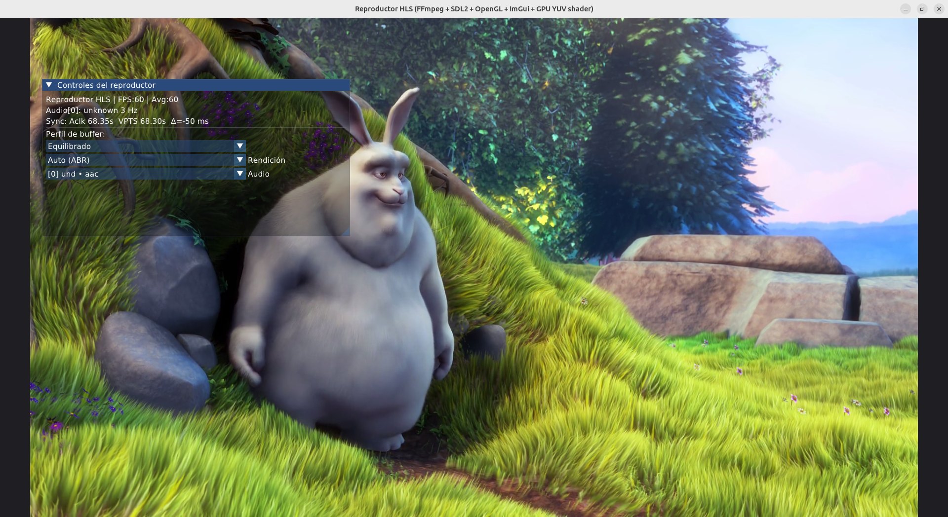Native HLS player showing the playback HUD with buffer profile, rendition and audio-track selectors