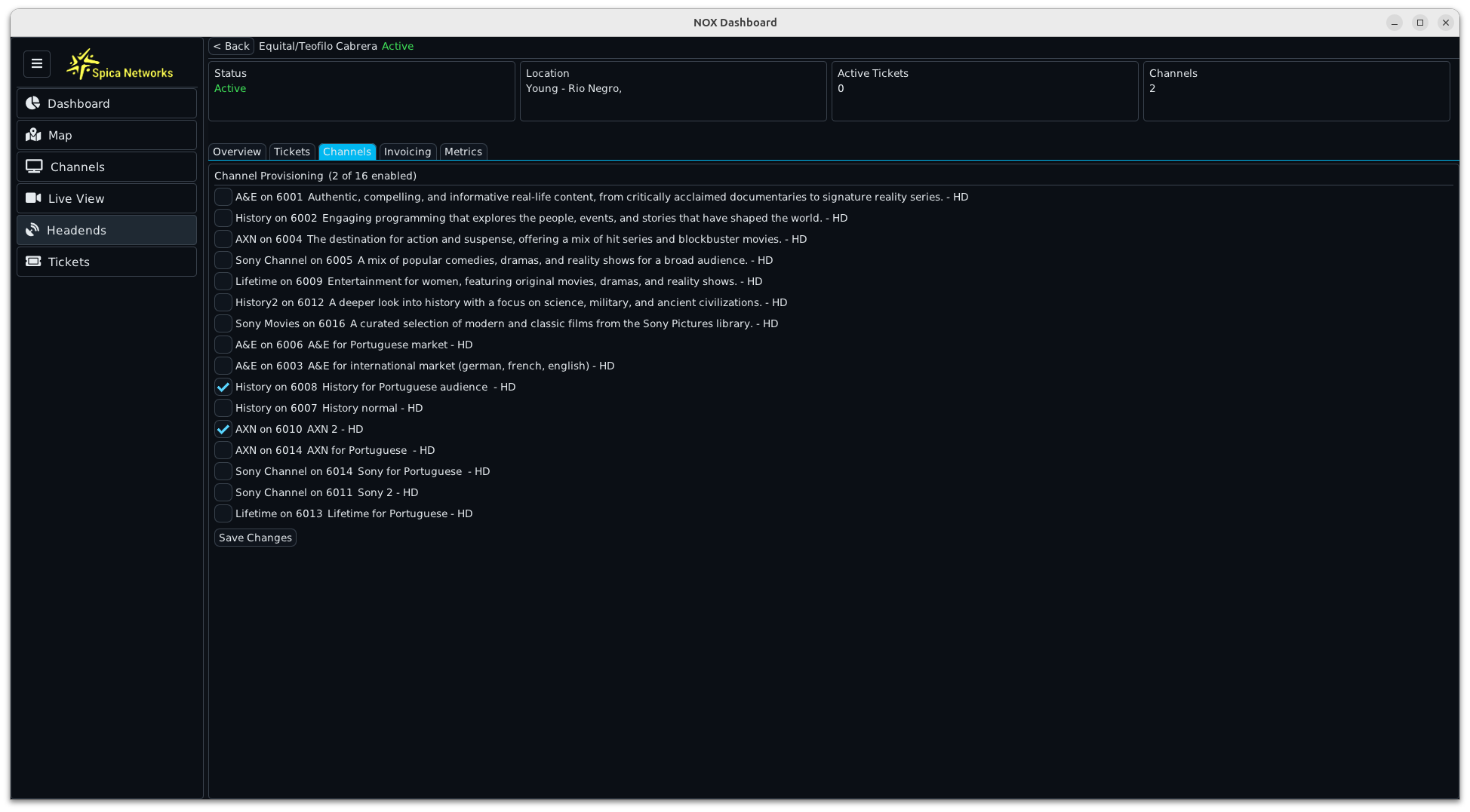 Head-end channel provisioning interface with active status, location, tickets and channel assignments