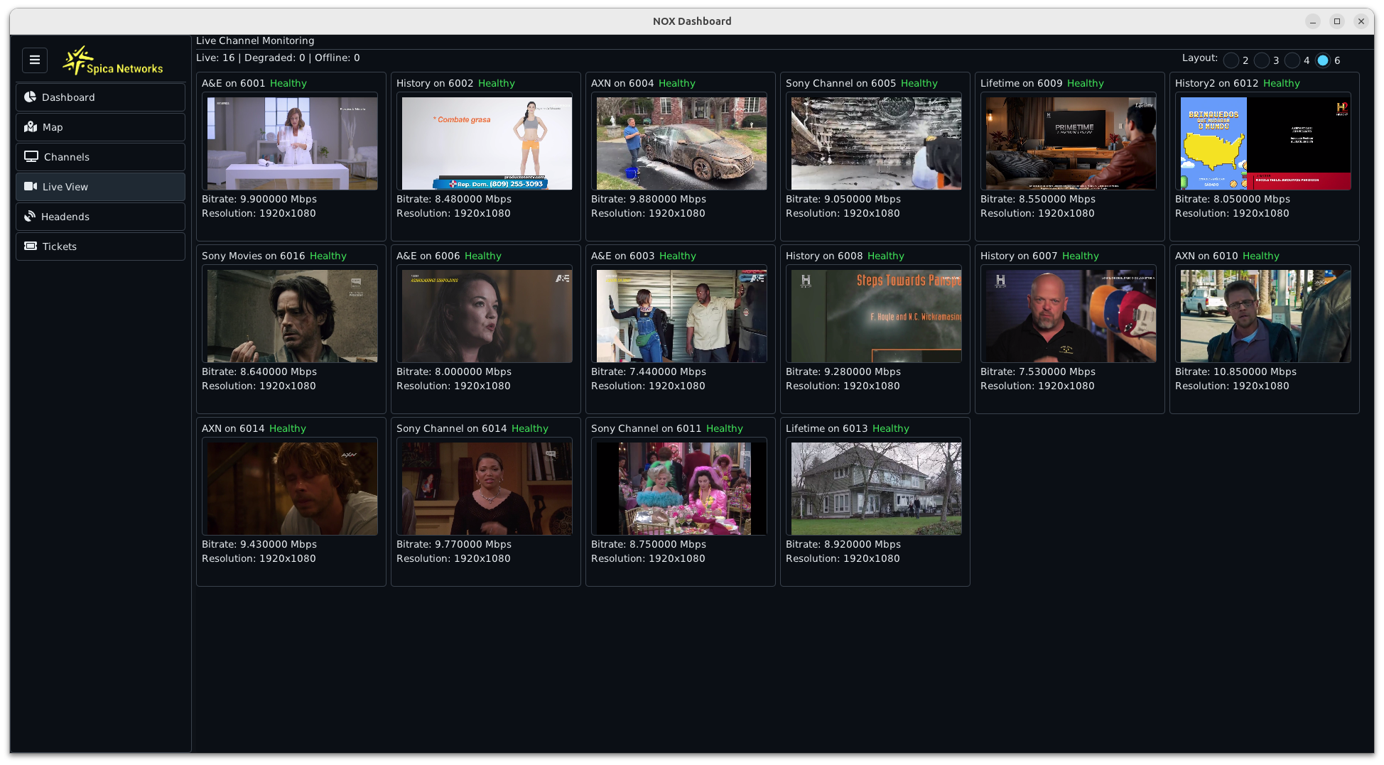 SPICA multichannel live monitoring wall showing sixteen healthy television services