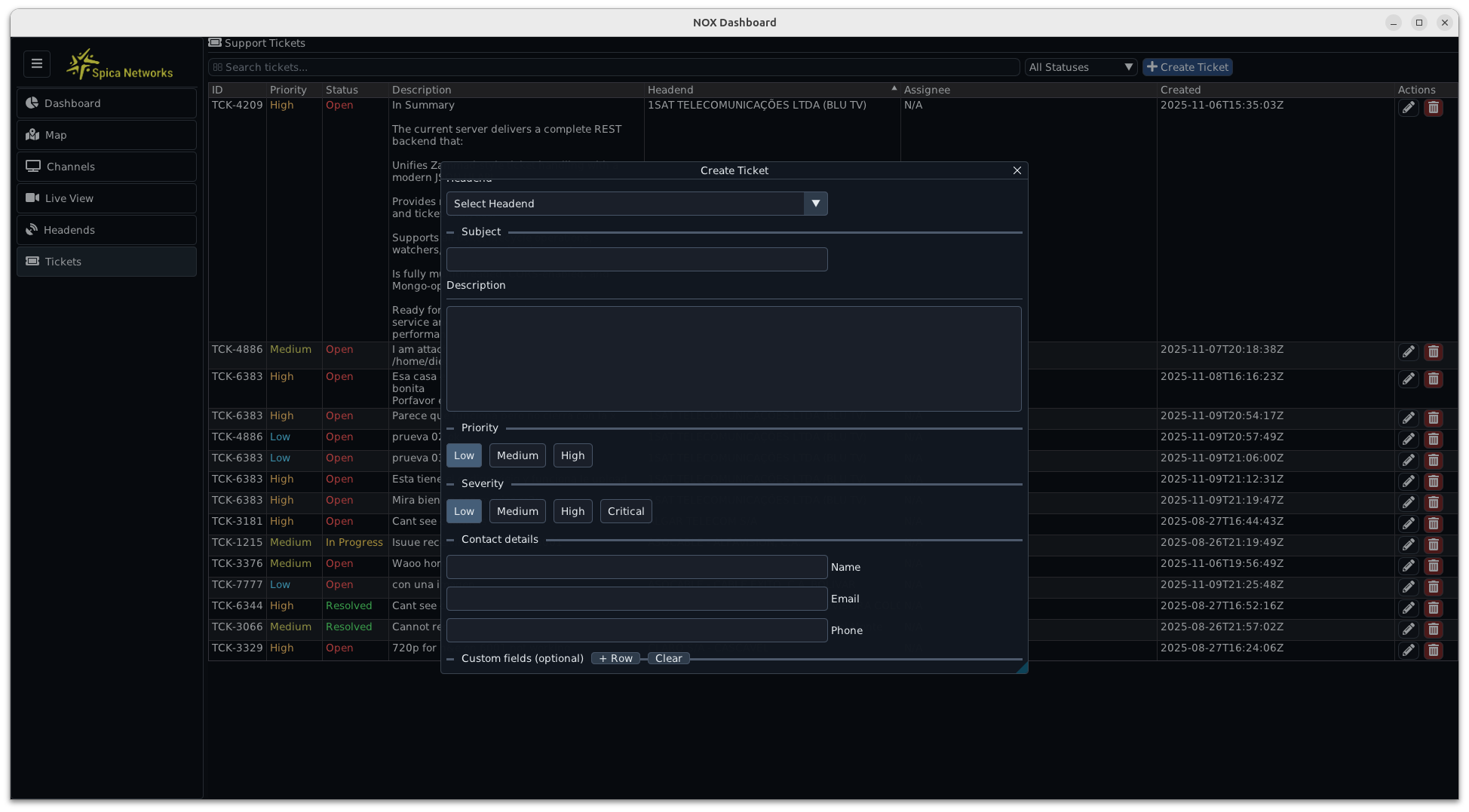 Support ticket workflow with head-end, priority, severity and contact fields