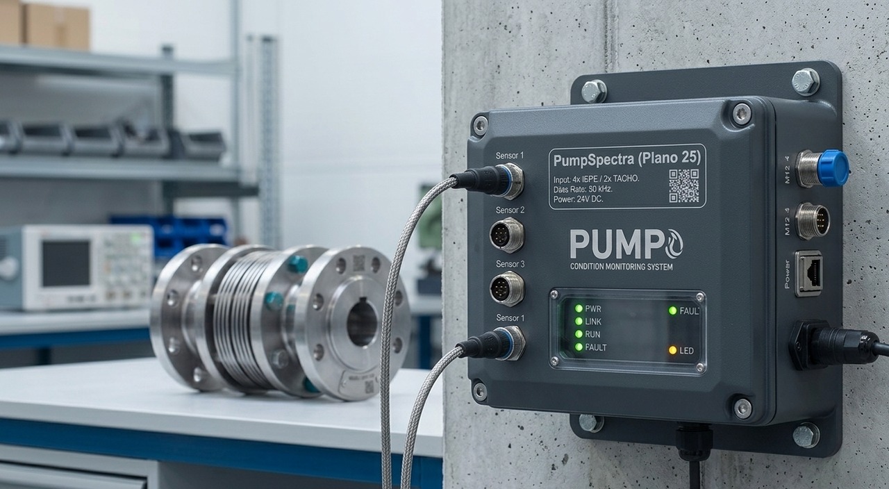 PumpSpectra industrial edge acquisition device mounted beside a coupling